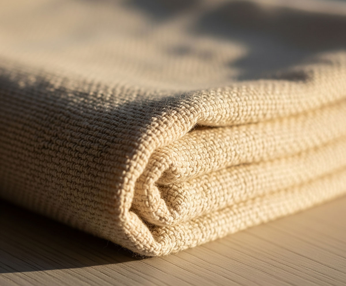 serviette fouta en coton utilisée en jetée de canapé illustrant les bénéfices des matériaux de la serviette fouta gros plan sur une fouta en coton illustrant les bénéfices des matériaux de la serviette fouta