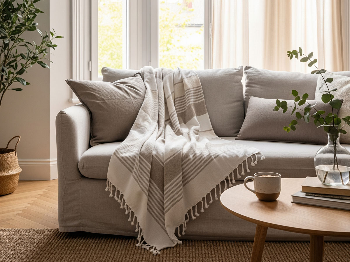 serviette fouta sur une plage en France illustrant les bénéfices des matériaux de la serviette fouta serviette fouta en coton utilisée en jetée de canapé illustrant les bénéfices des matériaux de la serviette fouta