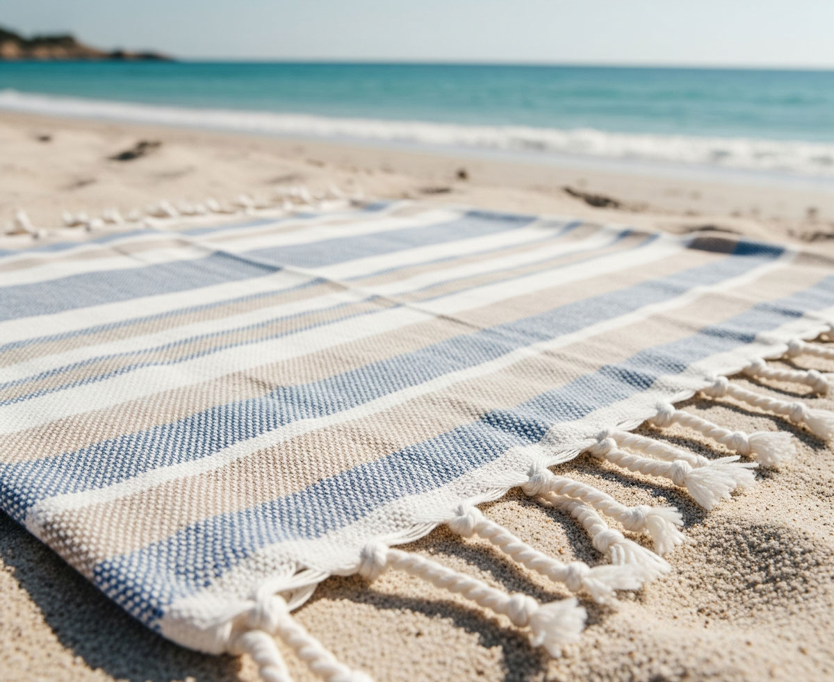 fouta rayée sur plage ensoleillée face à la mer.