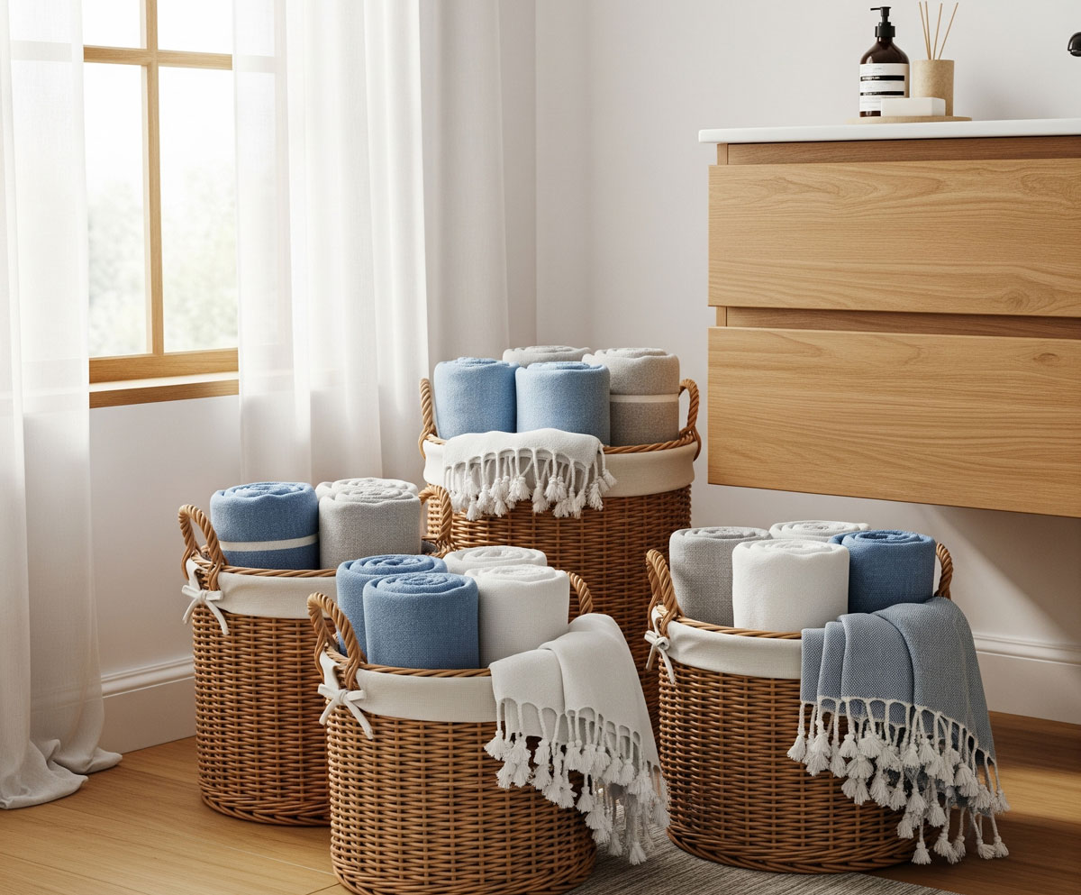 Panier en osier avec conseils de rangement pour les serviettes fouta roulées dans une salle de bain moderne