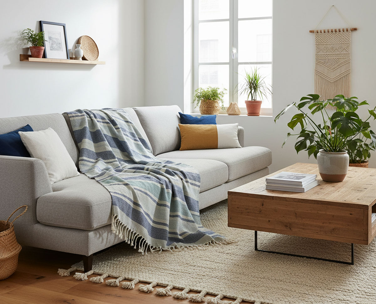 Serviettes fouta dans la décoration et la mode modernes dans un salon chic en France