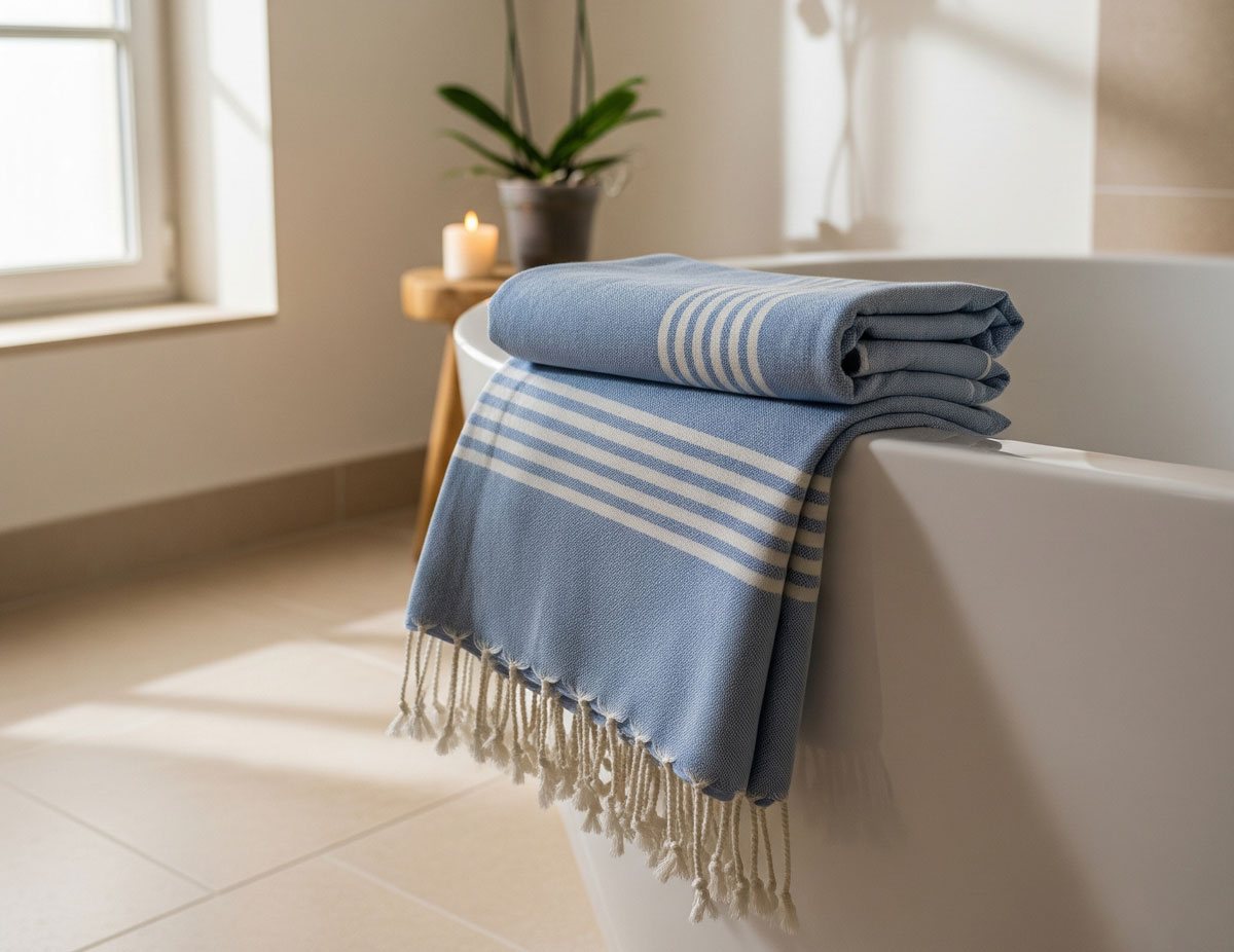 serviette fouta pour le spa et le bain posée dans une salle de bain moderne en France