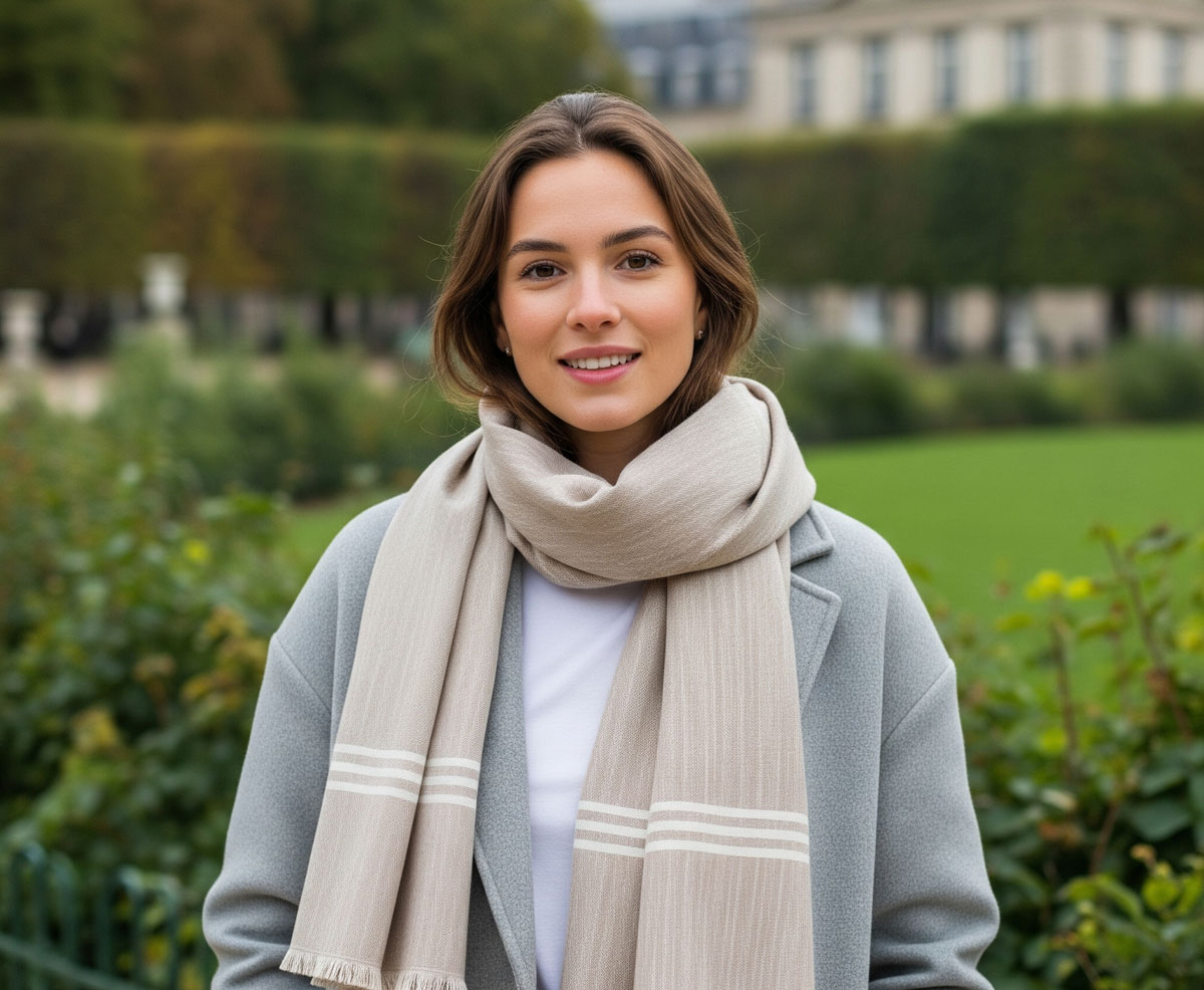 Une jeune femme souriante à Paris, portant une fouta comme écharpe dans un style classique et chic.