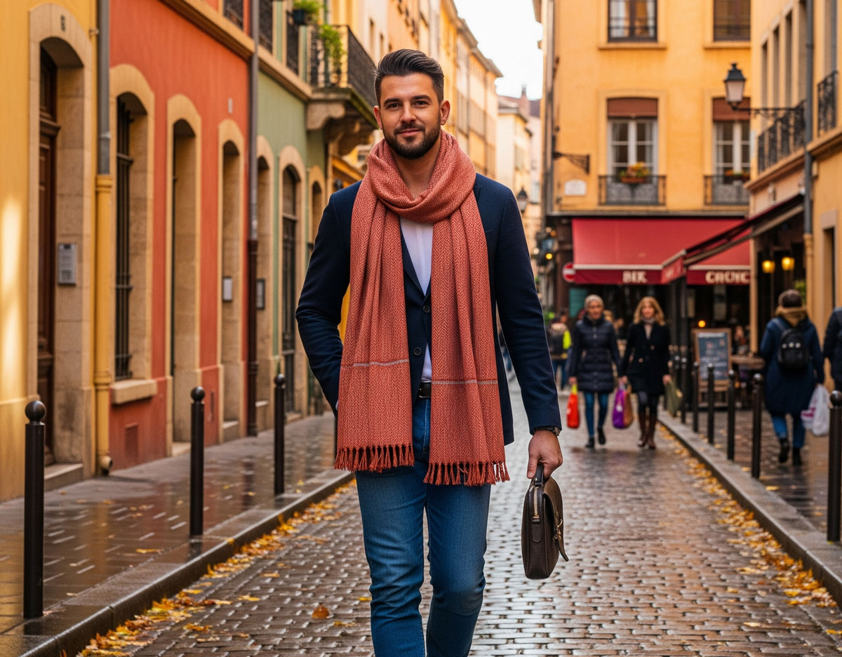 Un homme à Lyon, portant une fouta comme écharpe autour du cou, un accessoire pratique et élégant.