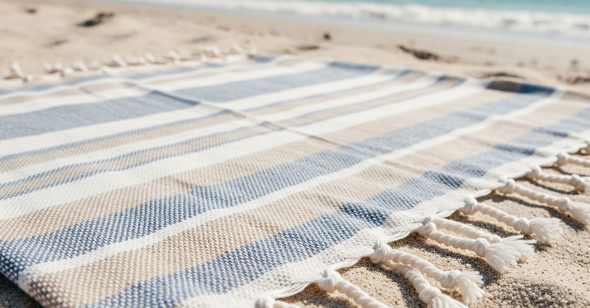 fouta rayée sur plage ensoleillée face à la mer.